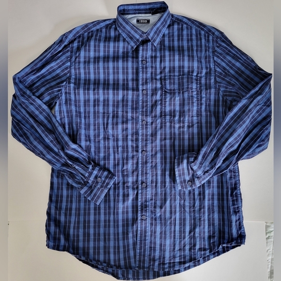 🌸3/$15 IZOD Blue Plaid Long Sleeve Business Casual Button Down Mens Shirt - Picture 1 of 13